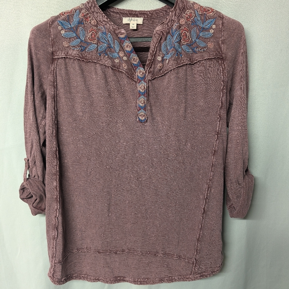 Style & Co. Mauve Blouse with Blue Embroidery